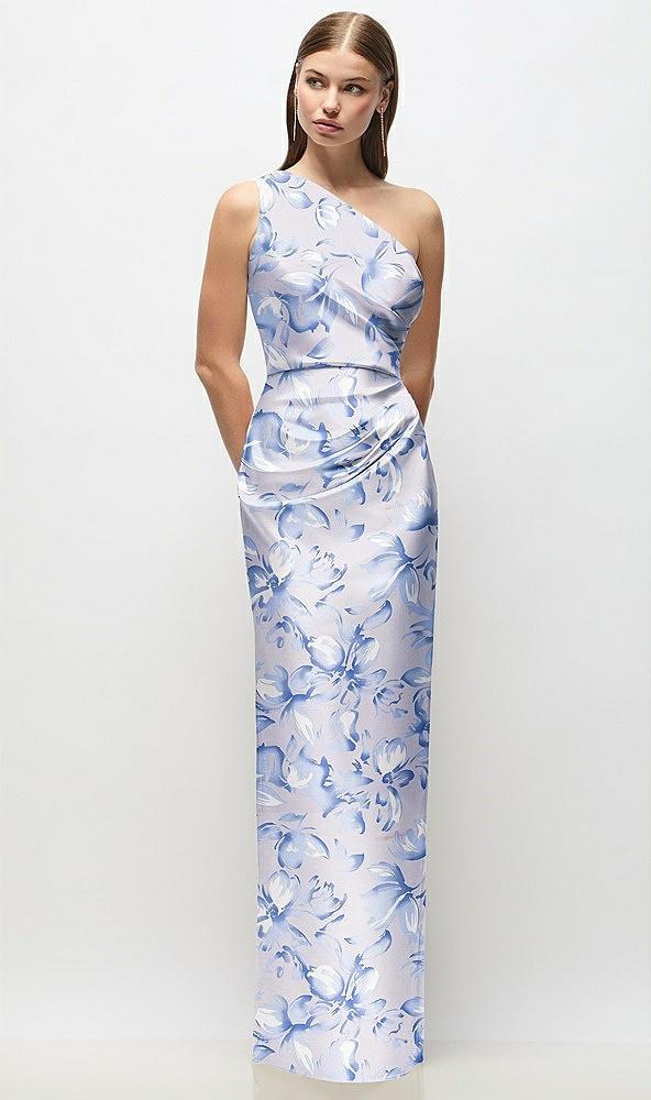 one-shoulder draped bodice floral stretch satin column maxi dress