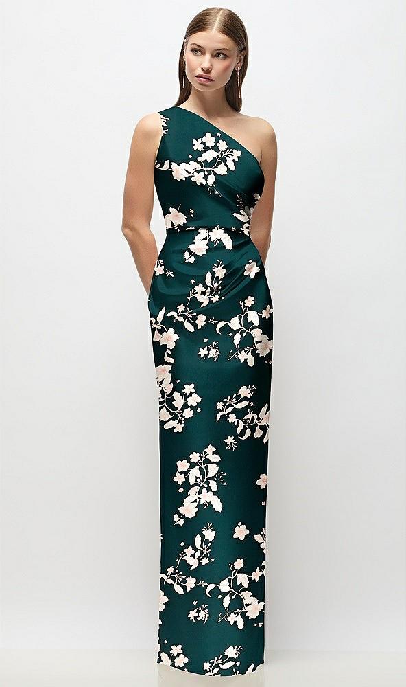 one-shoulder draped bodice floral stretch satin column maxi dress