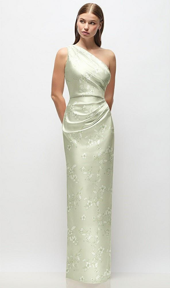 one-shoulder draped bodice floral stretch satin column maxi dress