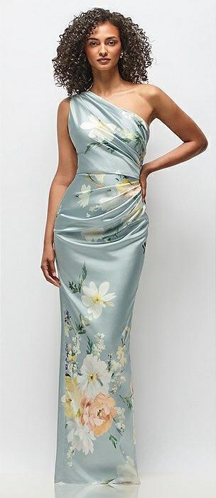 one-shoulder draped bodice painterly floral stretch satin column maxi dress