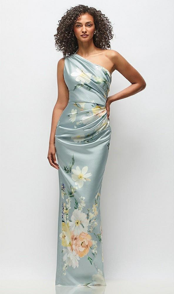 one-shoulder draped bodice painterly floral stretch satin column maxi dress
