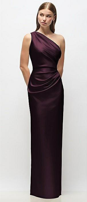 one-shoulder draped bodice stretch satin column maxi dress