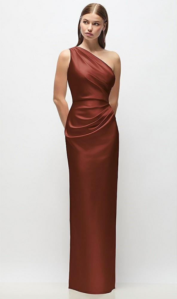 one-shoulder draped bodice stretch satin column maxi dress
