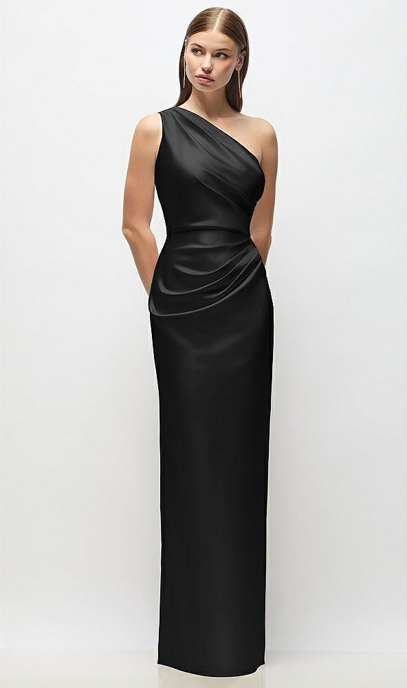 one-shoulder draped bodice stretch satin column maxi dress