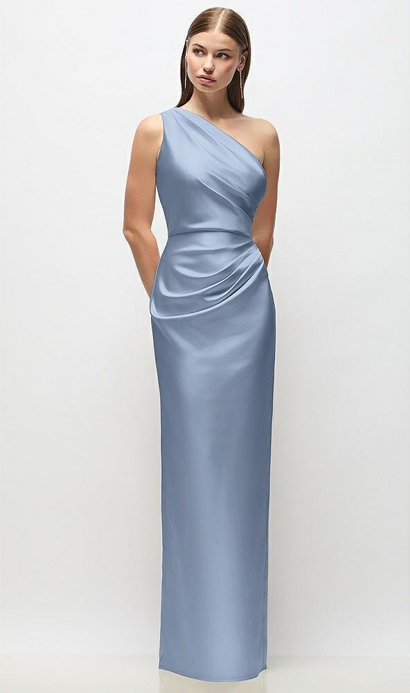 one-shoulder draped bodice stretch satin column maxi dress