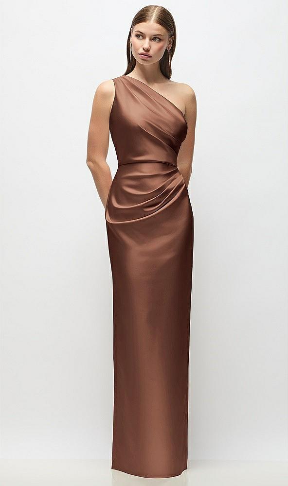 one-shoulder draped bodice stretch satin column maxi dress