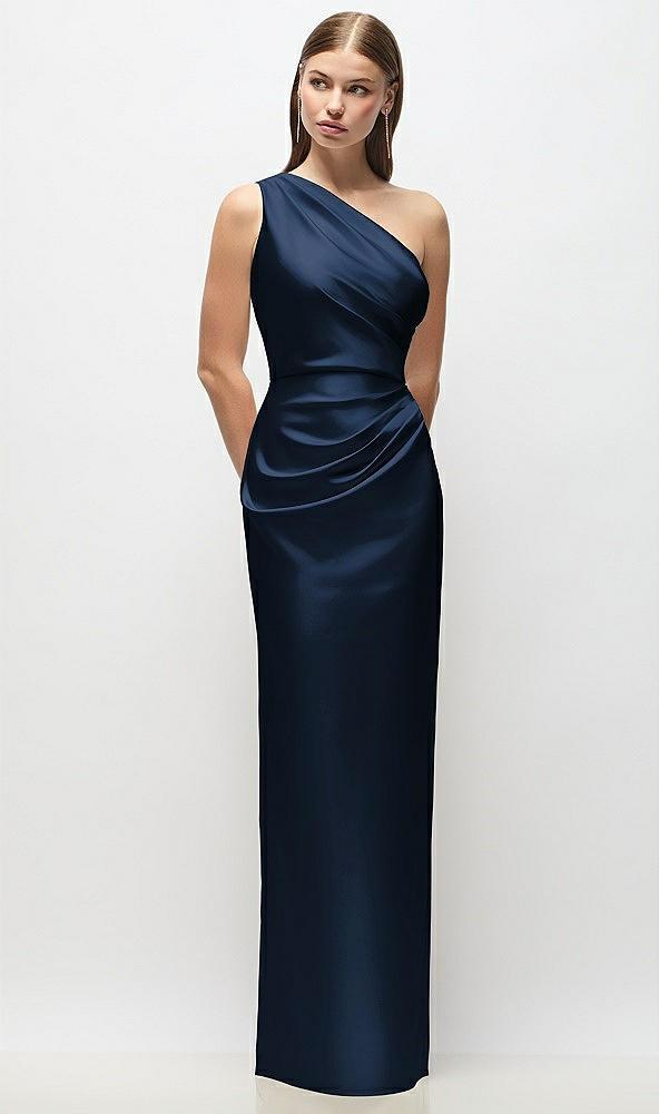 one-shoulder draped bodice stretch satin column maxi dress