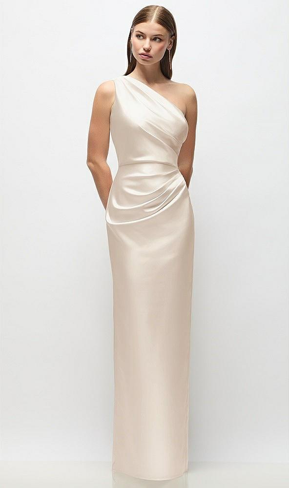 one-shoulder draped bodice stretch satin column maxi dress
