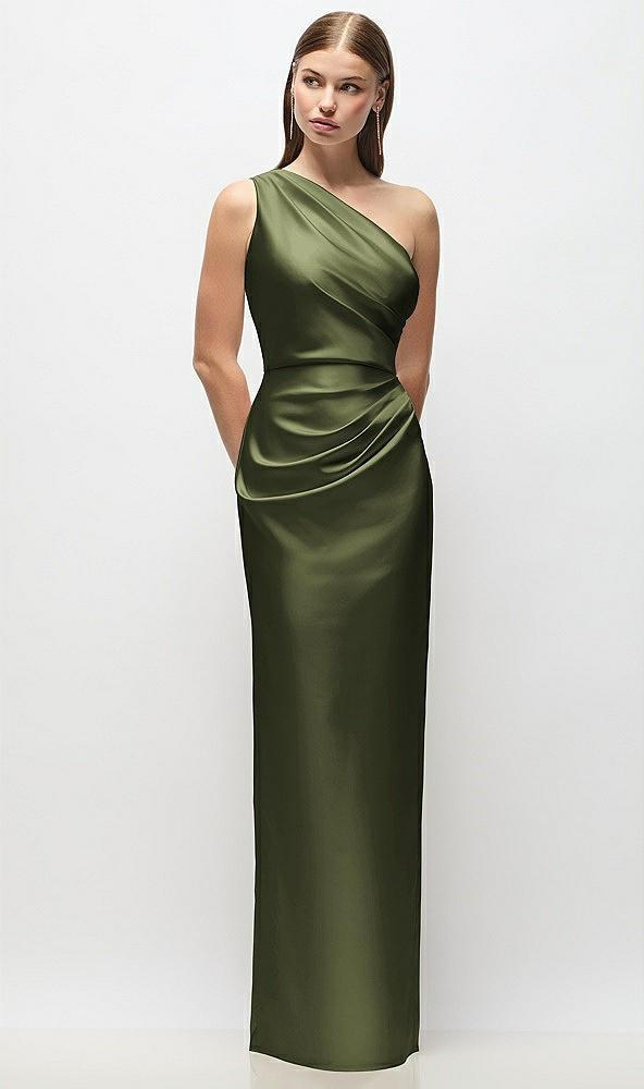one-shoulder draped bodice stretch satin column maxi dress