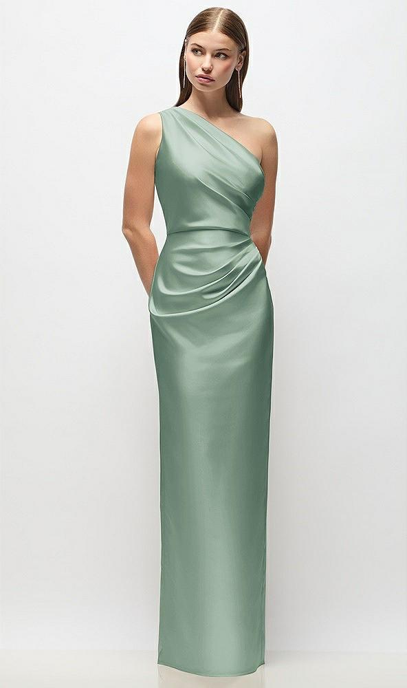 one-shoulder draped bodice stretch satin column maxi dress