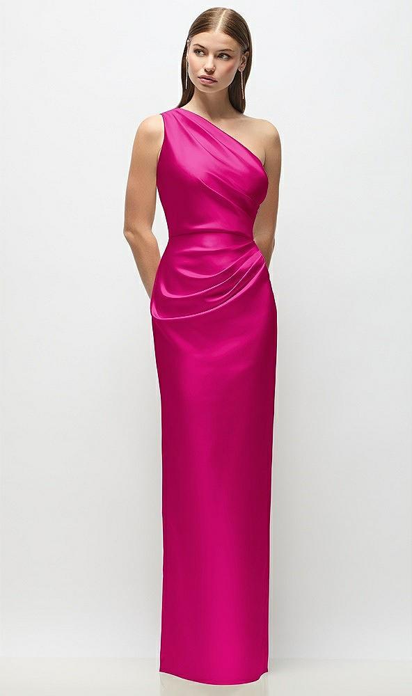 one-shoulder draped bodice stretch satin column maxi dress