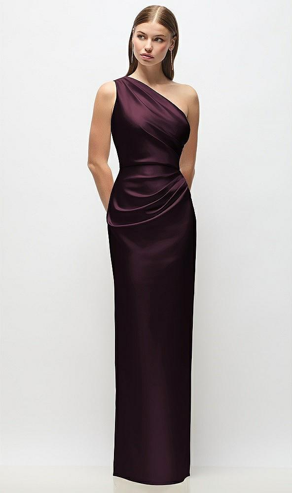 one-shoulder draped bodice stretch satin column maxi dress