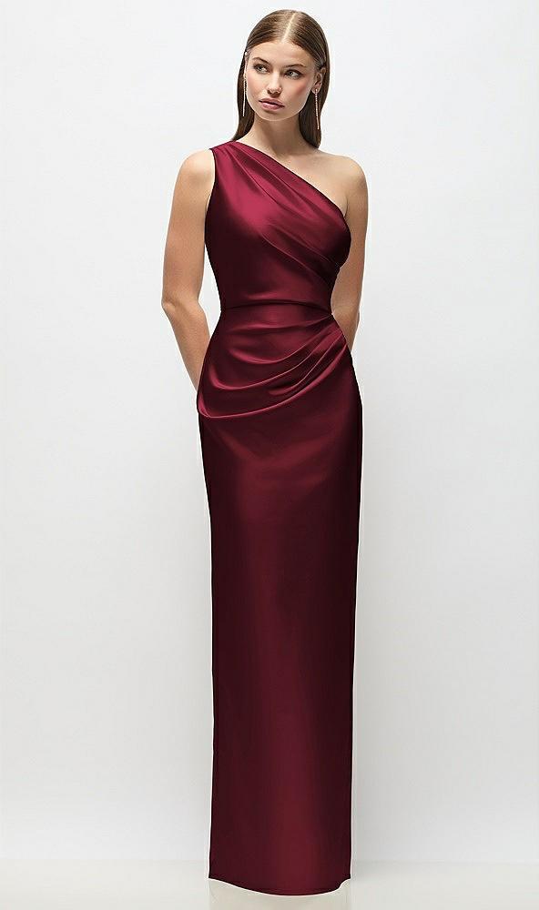 one-shoulder draped bodice stretch satin column maxi dress