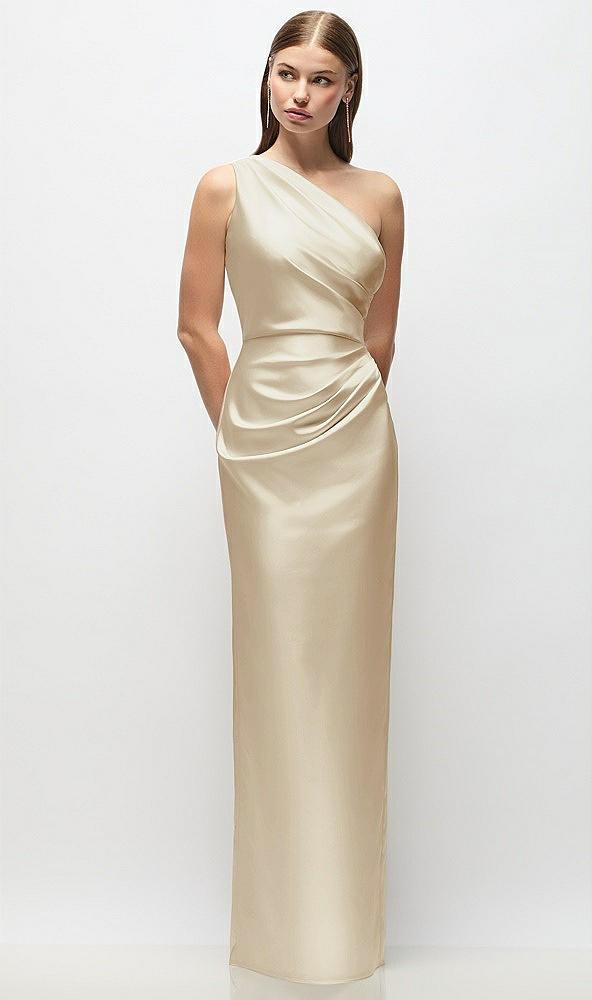 one-shoulder draped bodice stretch satin column maxi dress