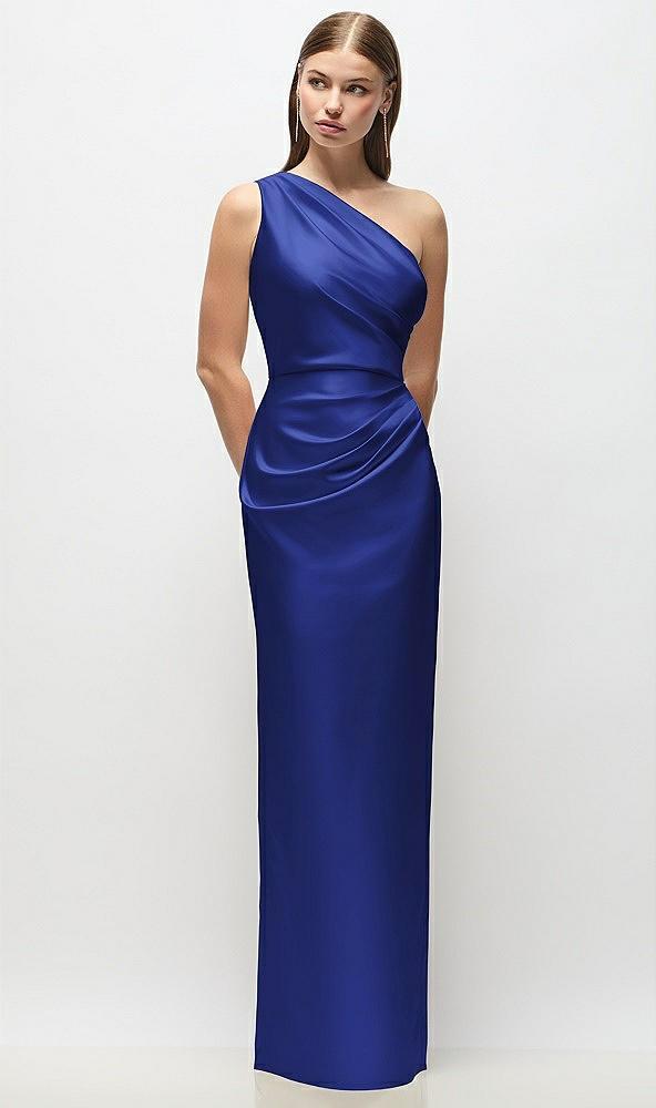one-shoulder draped bodice stretch satin column maxi dress