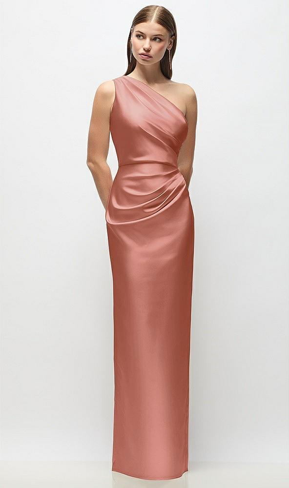 one-shoulder draped bodice stretch satin column maxi dress