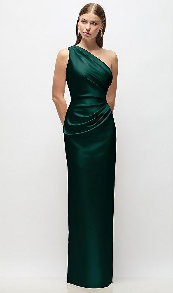 one-shoulder draped bodice stretch satin column maxi dress