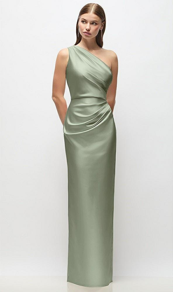 one-shoulder draped bodice stretch satin column maxi dress