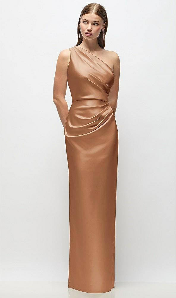 one-shoulder draped bodice stretch satin column maxi dress