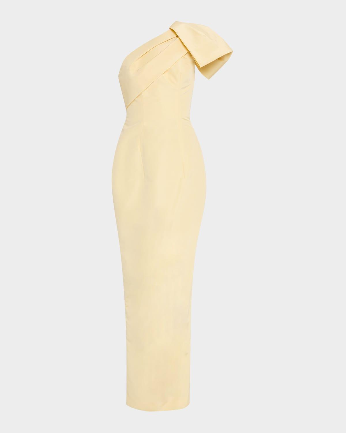 one-shoulder draped bow column gown