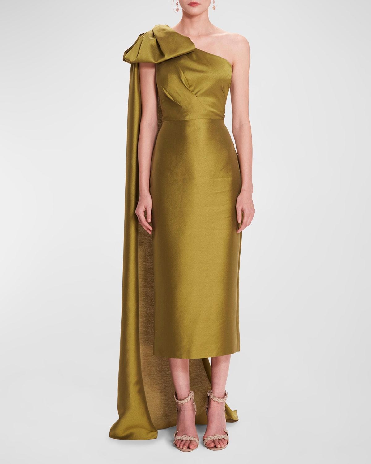 one-shoulder draped column midi dress