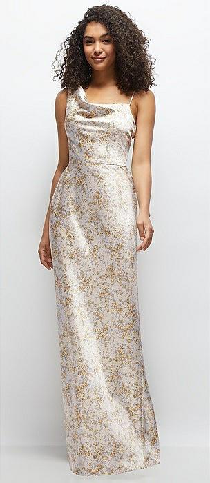 one-shoulder draped cowl a-line floral satin maxi dress