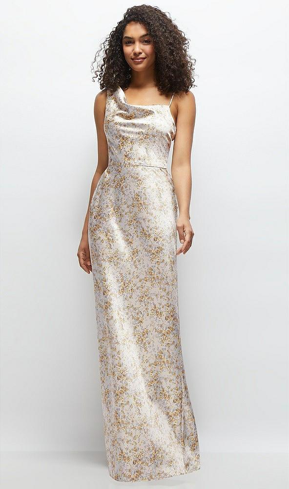 one-shoulder draped cowl a-line floral satin maxi dress