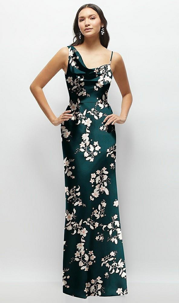 one-shoulder draped cowl a-line floral satin maxi dress