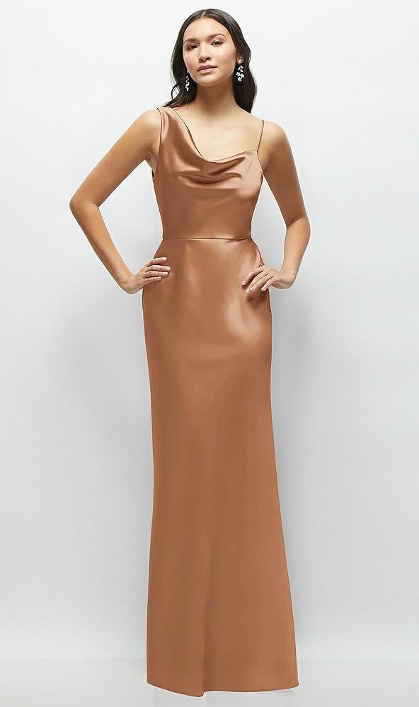 one-shoulder draped cowl a-line satin maxi dress
