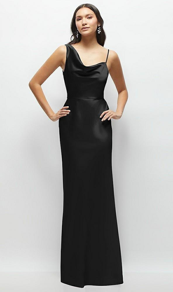 one-shoulder draped cowl a-line satin maxi dress