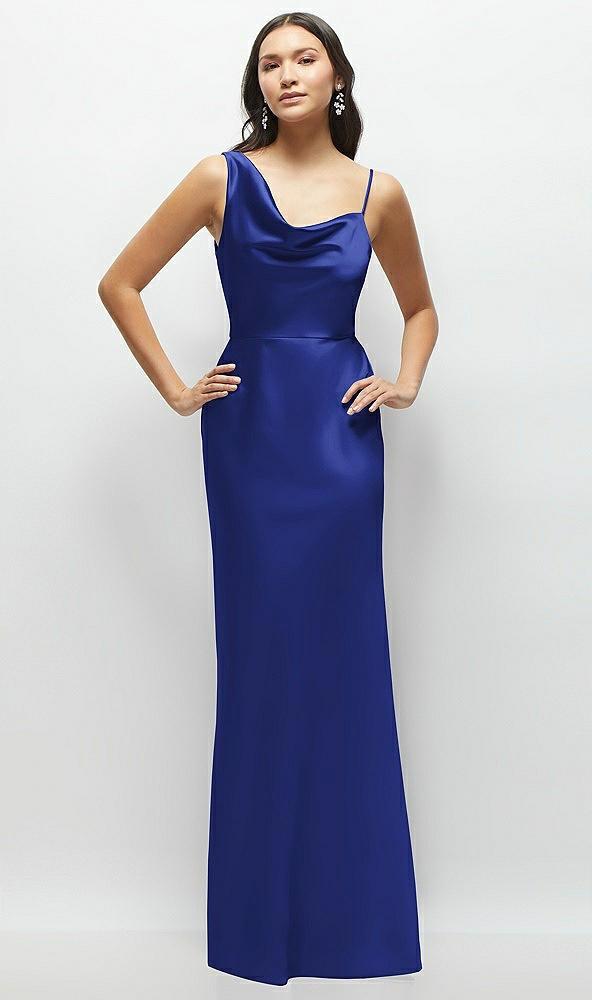one-shoulder draped cowl a-line satin maxi dress
