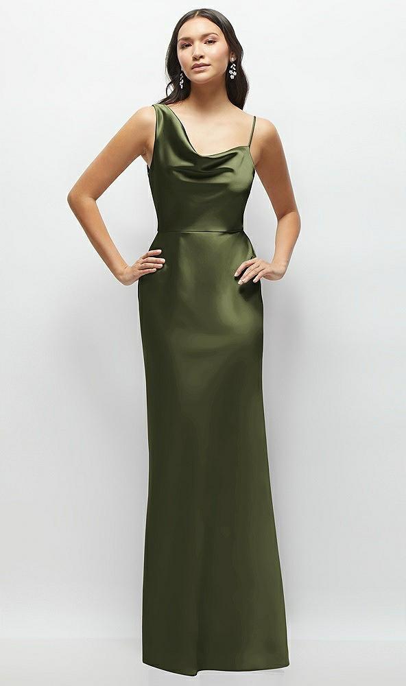 one-shoulder draped cowl a-line satin maxi dress
