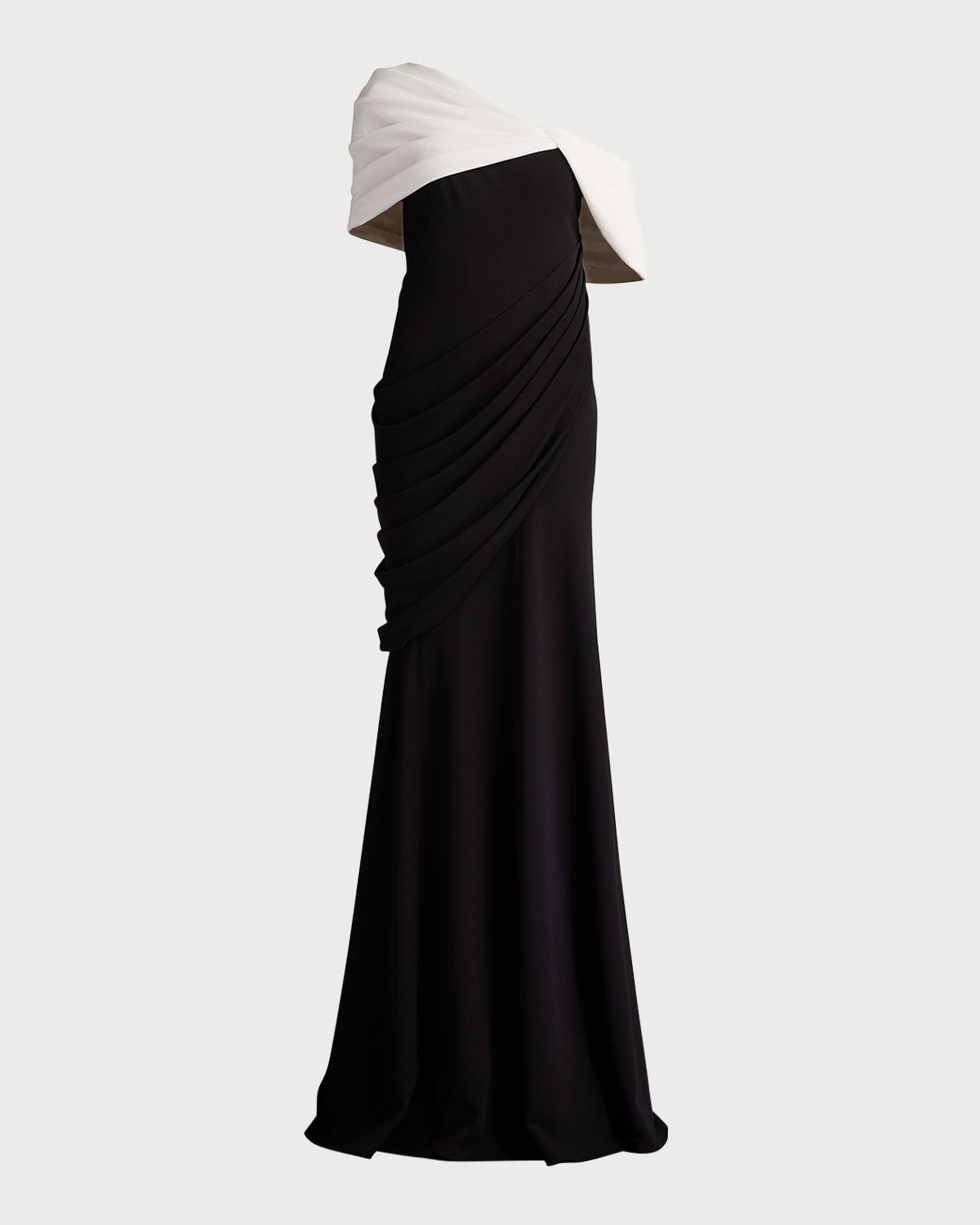 one-shoulder draped crepe gown
