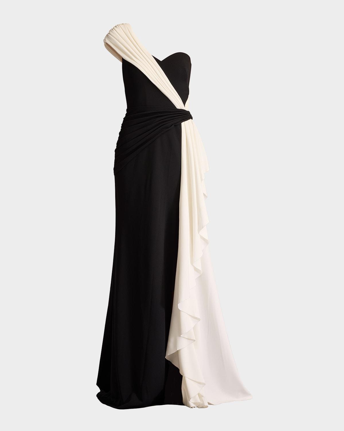 one-shoulder draped crepe gown