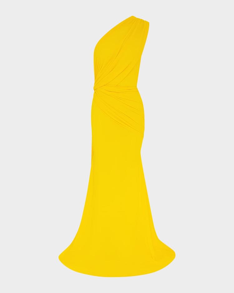 one-shoulder draped crepe jersey gown