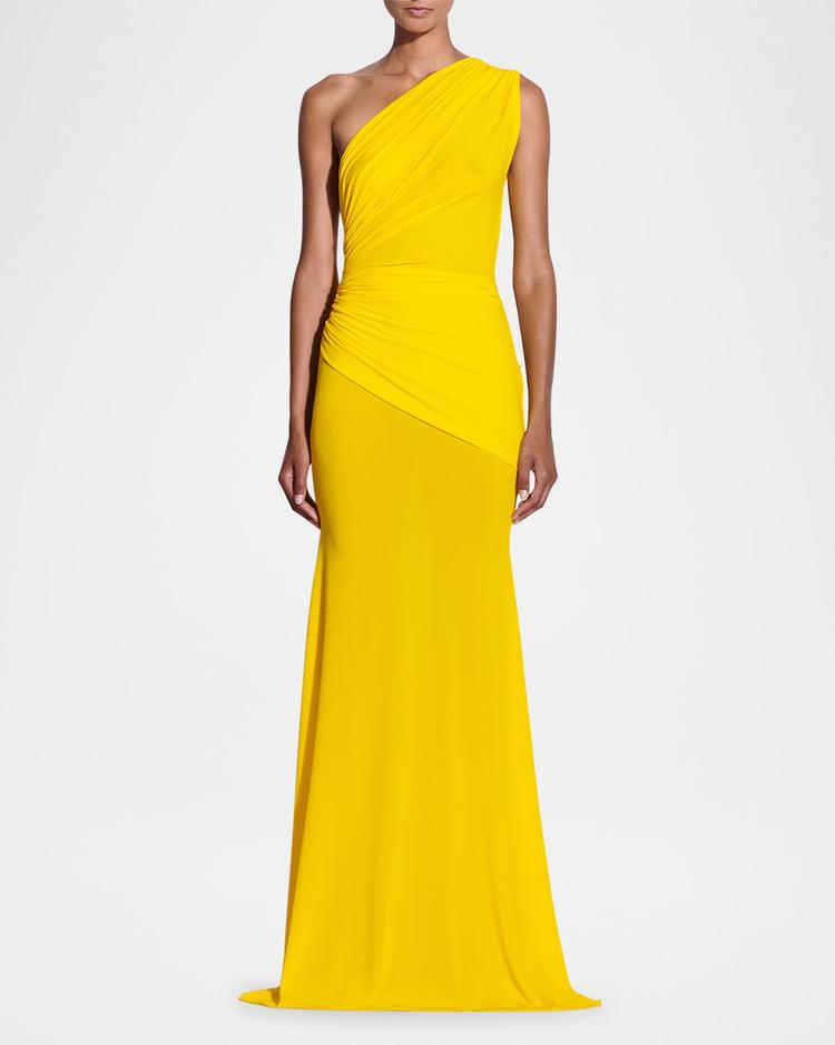 one-shoulder draped crepe jersey gown