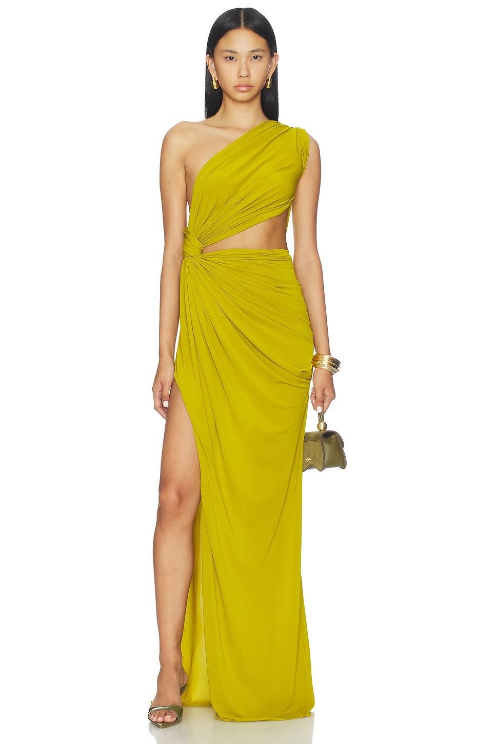 one shoulder draped gown