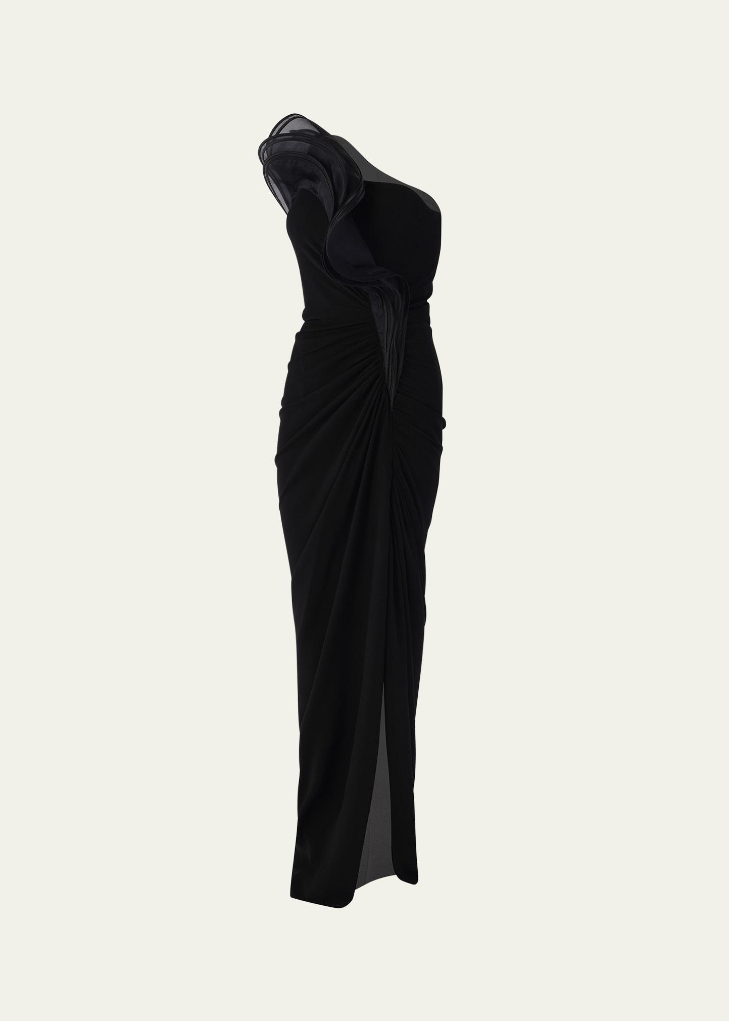 one-shoulder draped ruffle gown