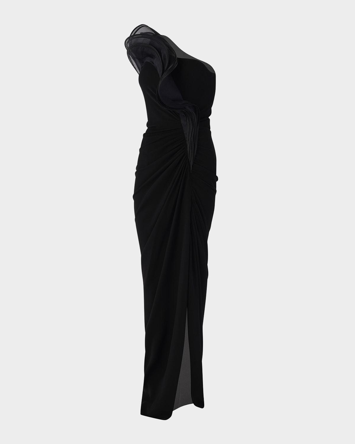 one-shoulder draped ruffle gown