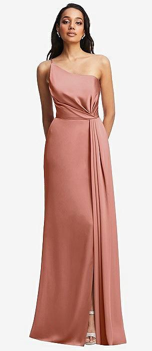 one-shoulder draped skirt satin trumpet gown