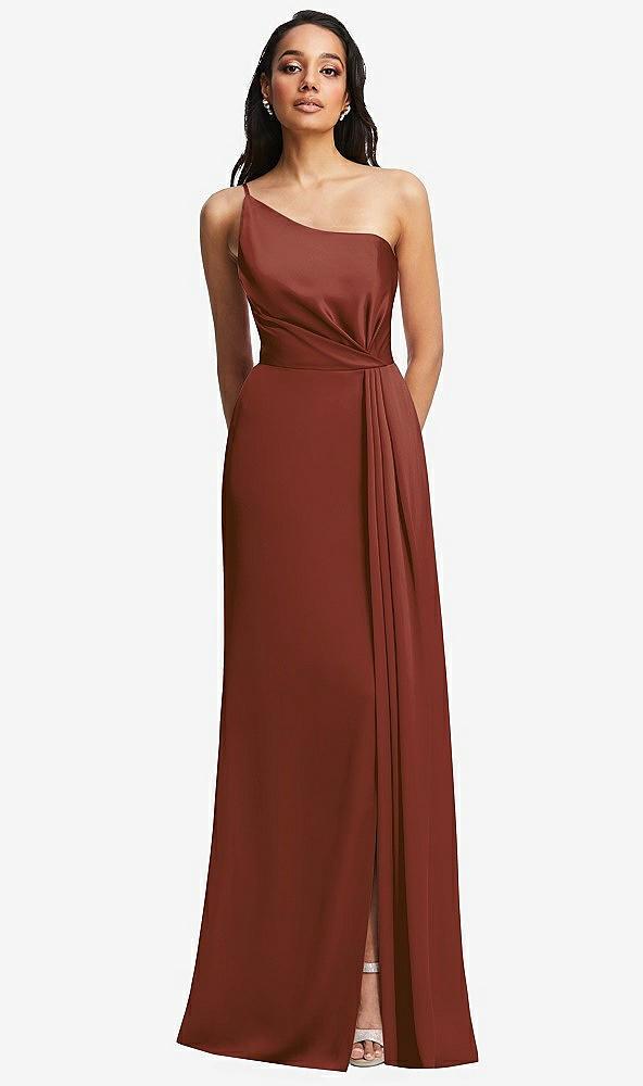 one-shoulder draped skirt satin trumpet gown