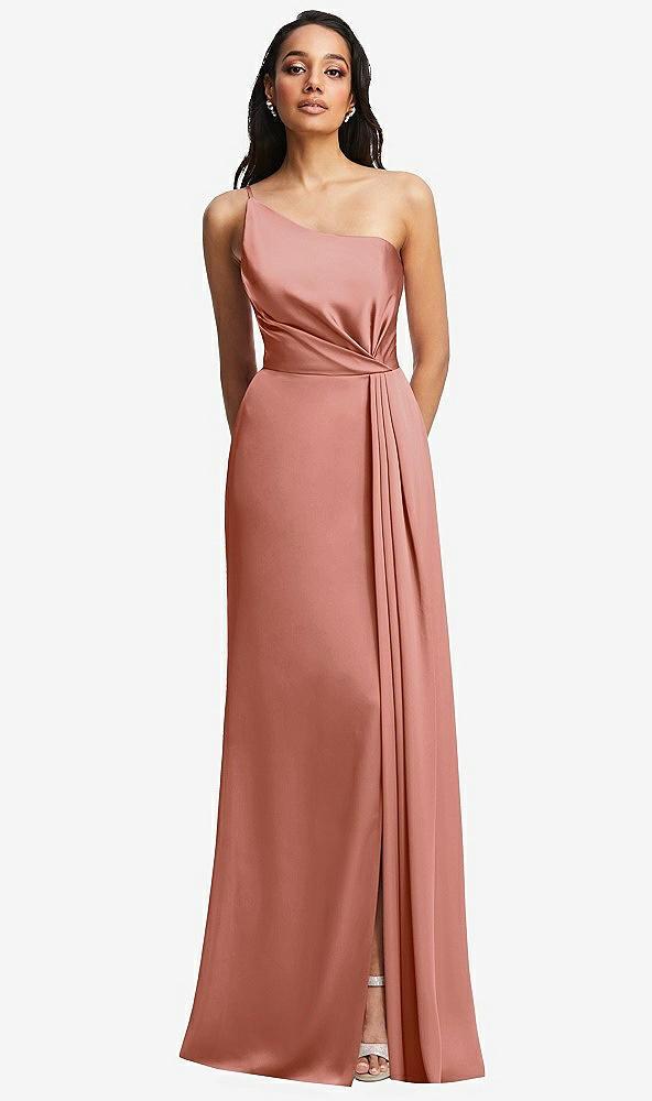 one-shoulder draped skirt satin trumpet gown
