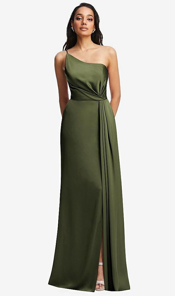 one-shoulder draped skirt satin trumpet gown