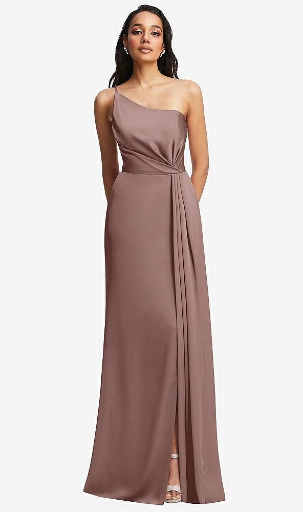 one-shoulder draped skirt satin trumpet gown