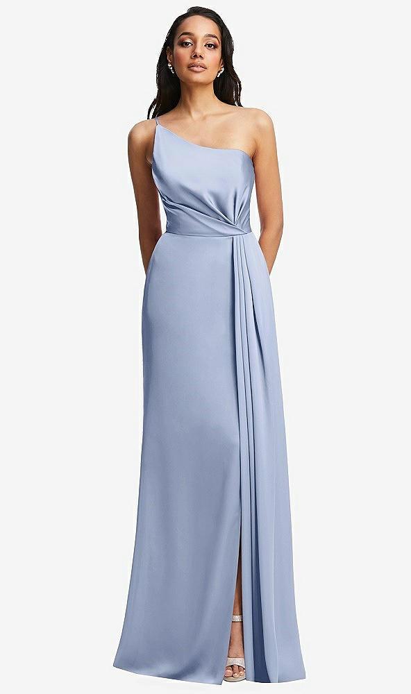 one-shoulder draped skirt satin trumpet gown