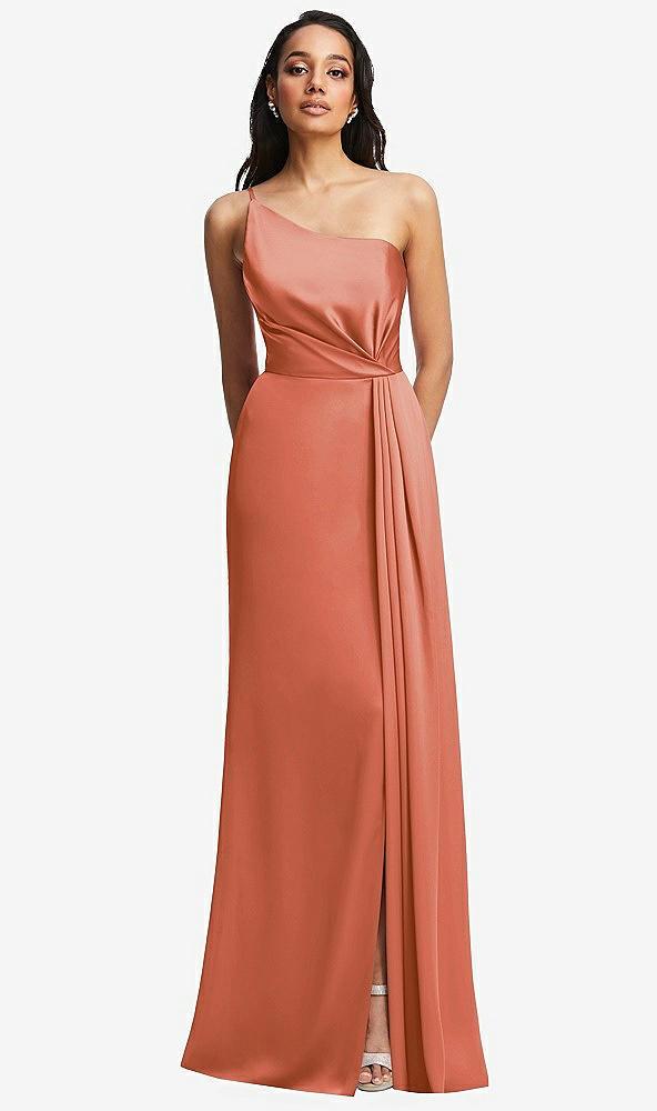 one-shoulder draped skirt satin trumpet gown