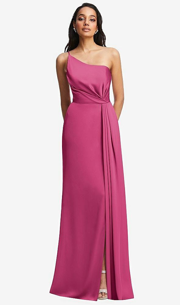 one-shoulder draped skirt satin trumpet gown