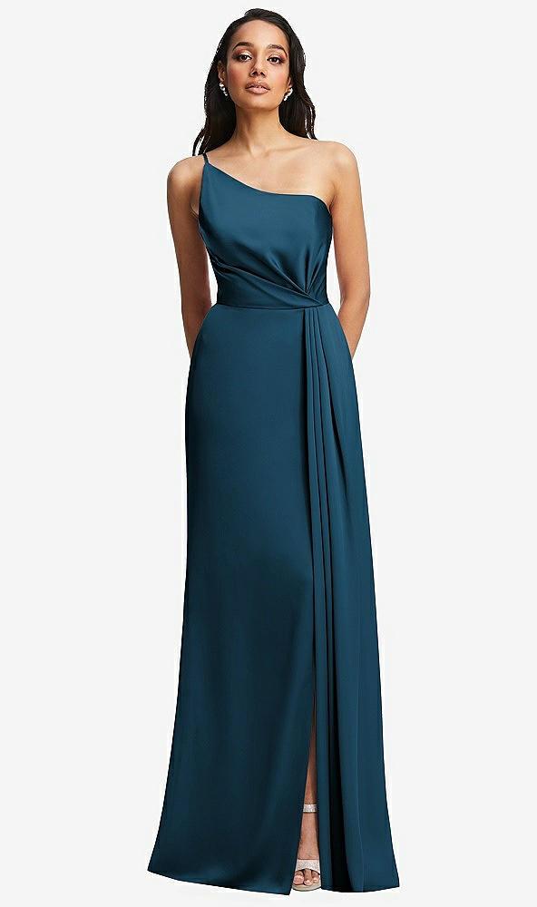 one-shoulder draped skirt satin trumpet gown