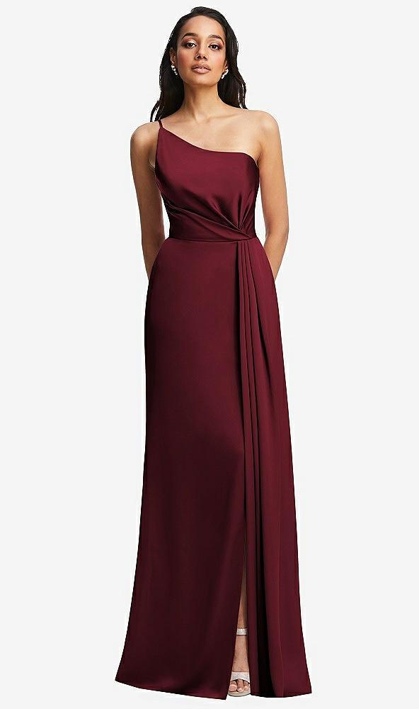 one-shoulder draped skirt satin trumpet gown