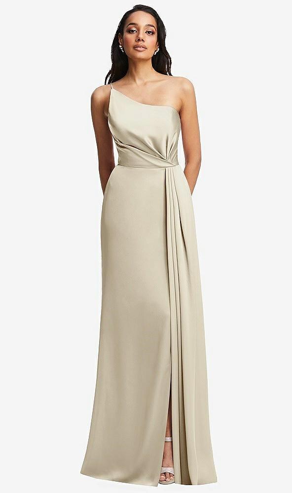 one-shoulder draped skirt satin trumpet gown